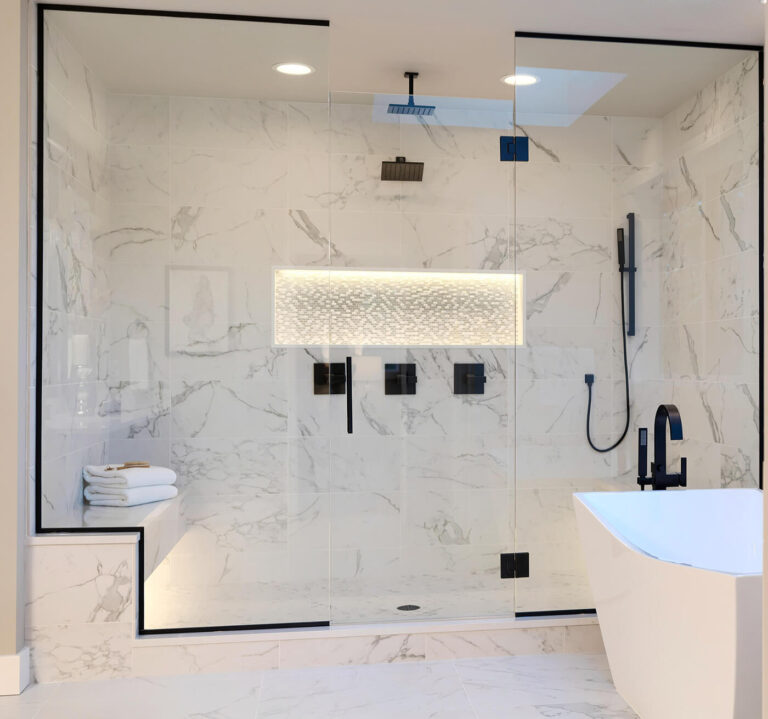 Custom Stand up shower marble white with black accent